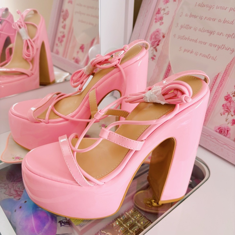 Pink Strappy Platform Heels - Women's Fashion Sandals